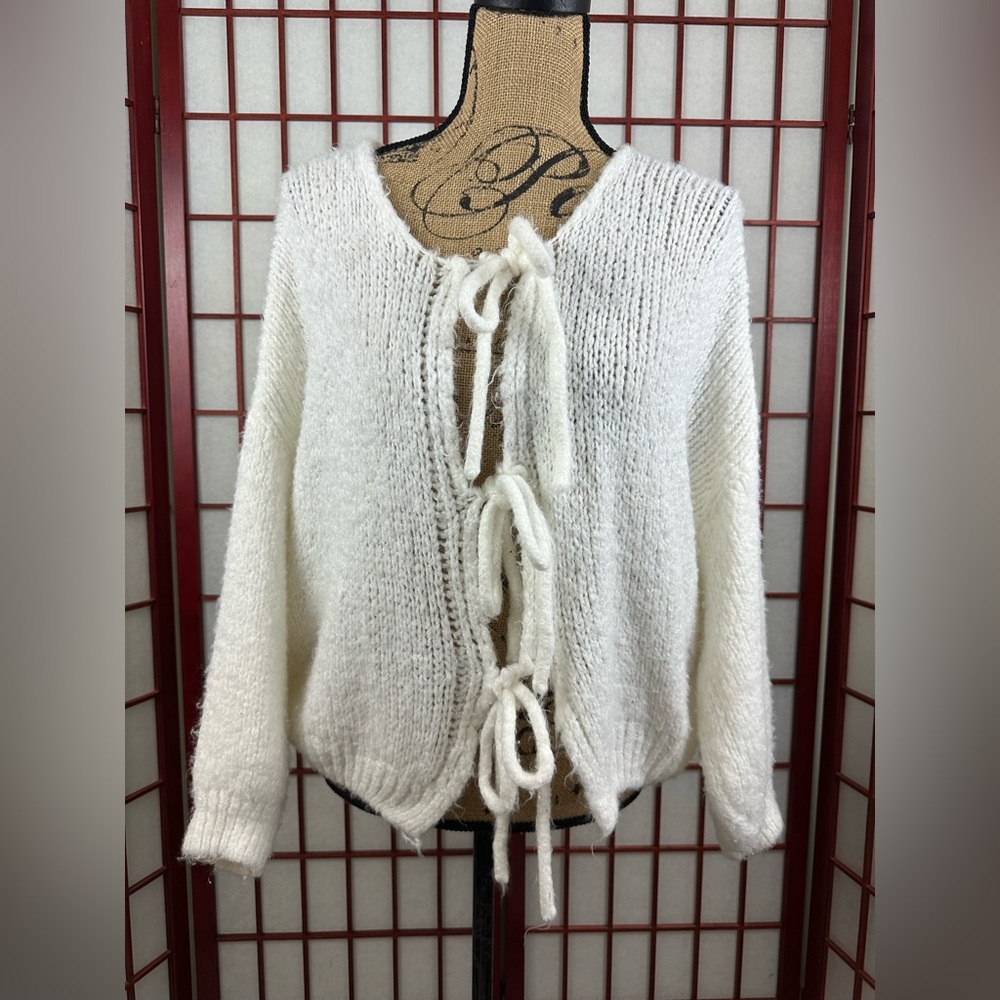 White Coquette Boho Bow Tie Front Lana Wool Blend Soft Fuzzy Cardigan Sweater